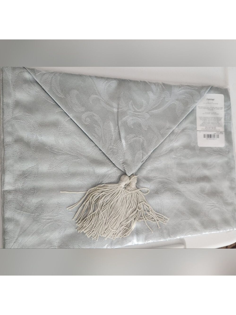 NWT Table Runner Lt Sage Tone On Tone Brocade Floral Tassels 14 X 70